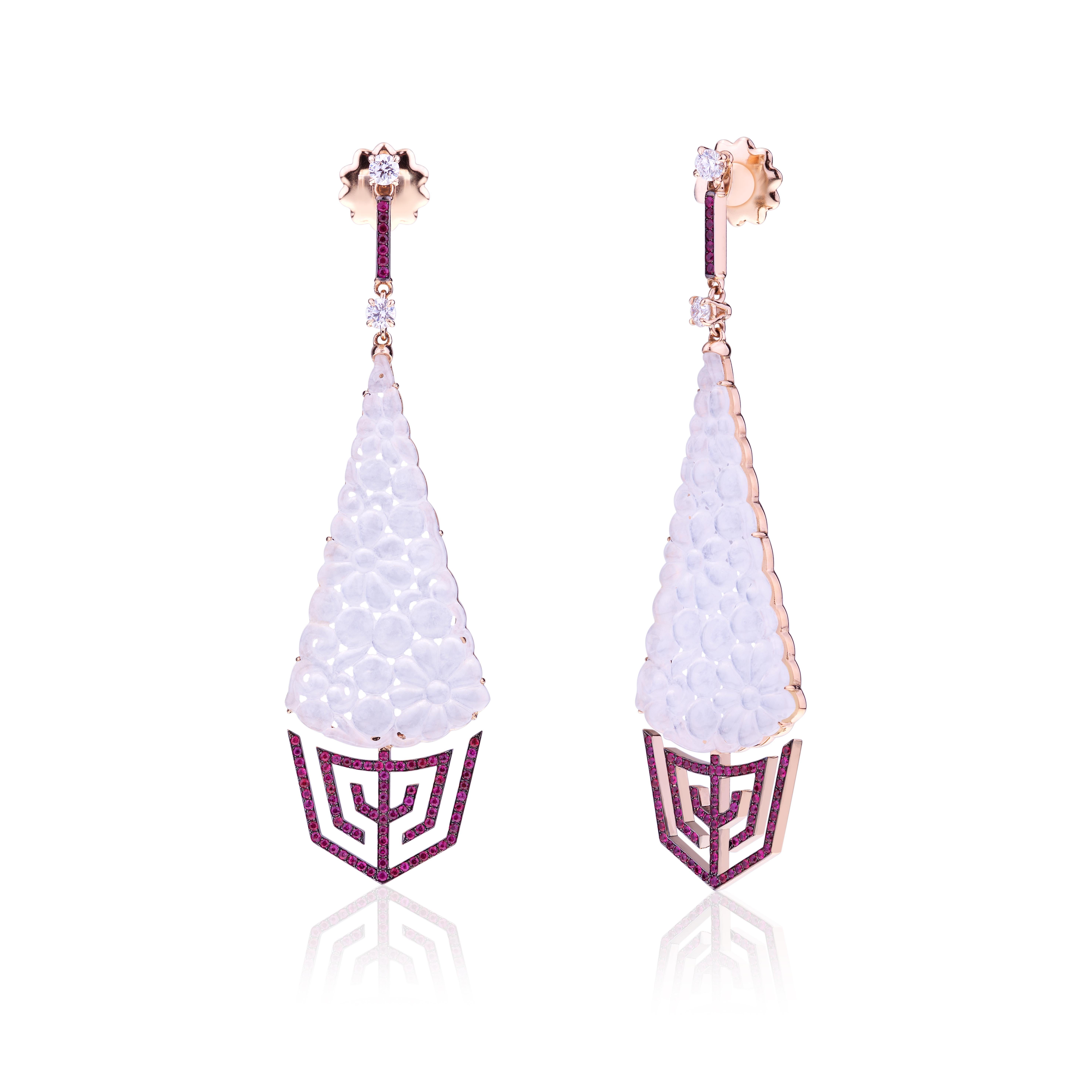 Angeletti Earrings Rose Gold Carved Drop Translucent White Jade with Ruby and Diamonds.
The Live Tradition of Jadeite in a Contemporary Italian Design.
Tradition in Carved Jadeite, set in More Contemporary Design, Manifactured in Rome. Customized