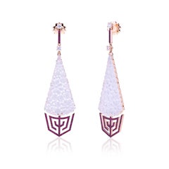 Earrings Rose Gold Carved Drop Translucent White Jade with Ruby and Diamonds