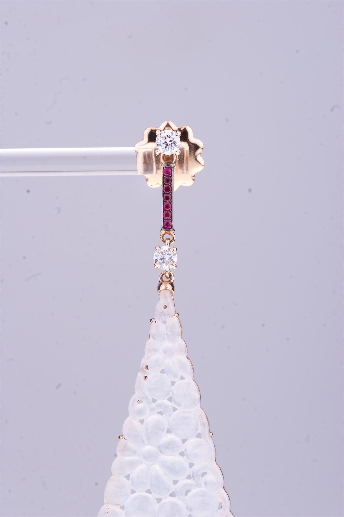 Brilliant Cut Earrings Rose Gold Carved Drop Translucent White Jade with Ruby and Diamonds For Sale