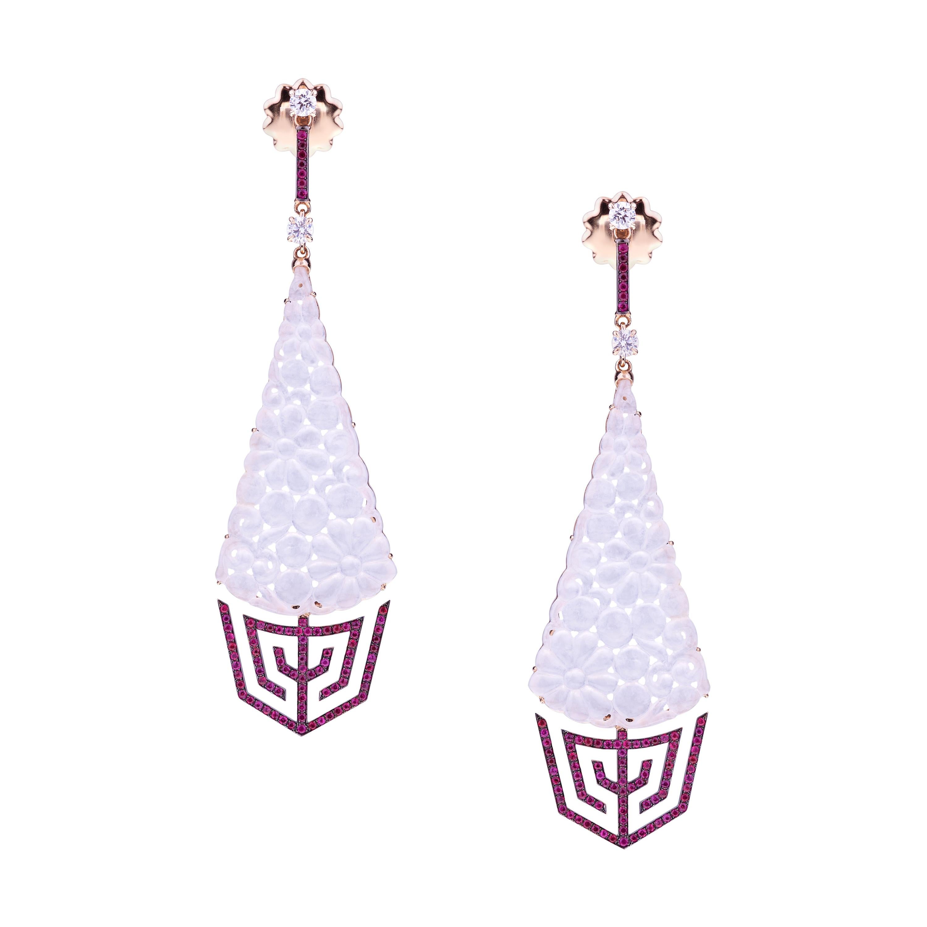 Earrings Rose Gold Carved Drop Translucent White Jade with Ruby and Diamonds For Sale