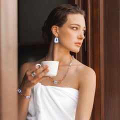 Earrings Rose Gold Pink Blue Sapphire Element in Natural Mother Of Pearl Diamond