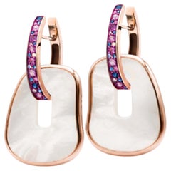 Earrings Rose Gold Pink Blue Sapphire Element in Natural Mother Of Pearl Diamond