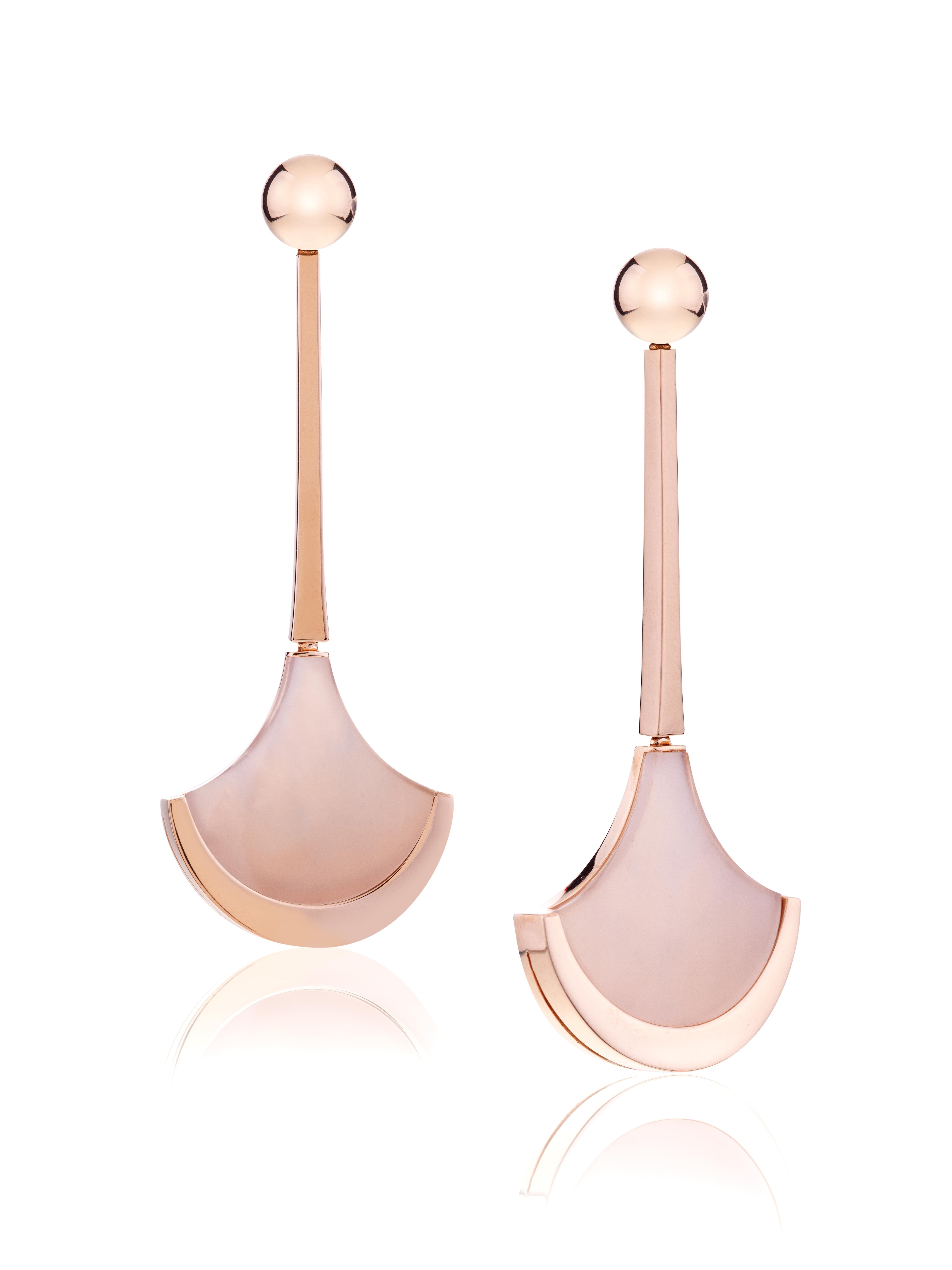 Women's Earrings Rose Gold with Fan Shaped Mother of Pearl and Rock Crystal For Sale