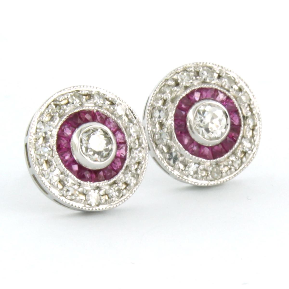 Old Mine Cut Earrings Ruby and Diamond 14k white gold in ART DECO STYLE 