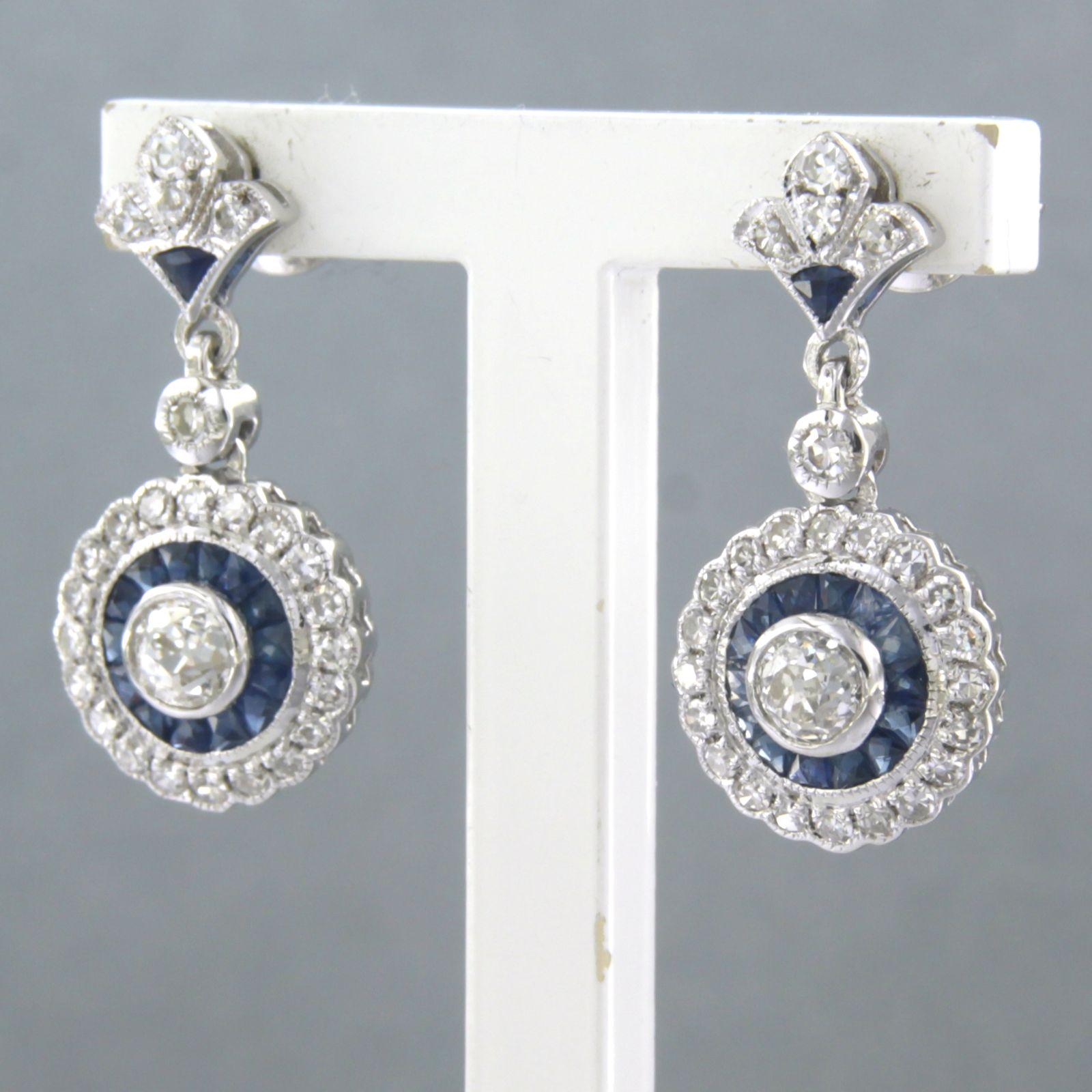 Old Mine Cut Earrings Sapphire diamond 14k white gold For Sale