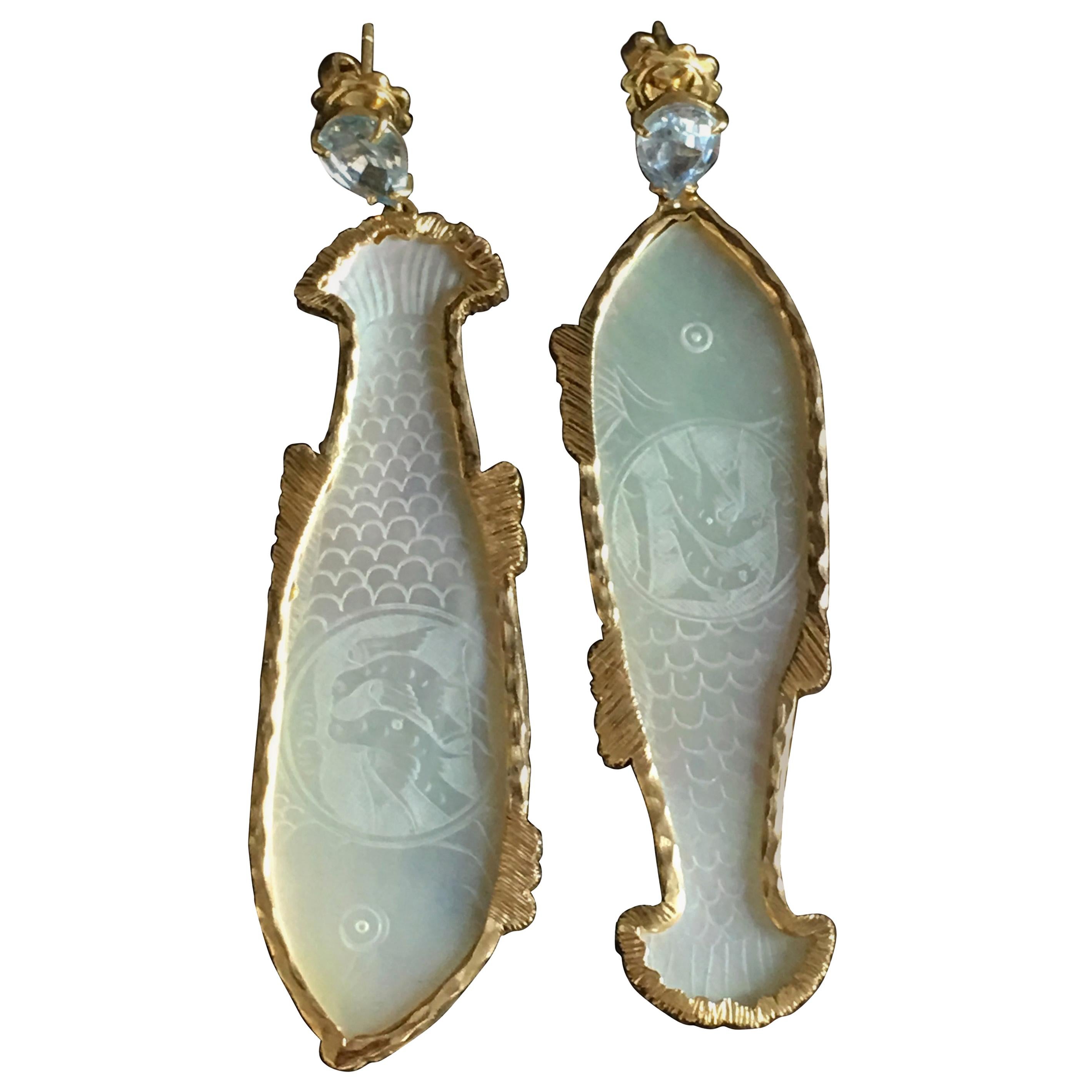 Earrings Sapphire Drop Carved Mother of Pearl 18 Karat Gold For Sale