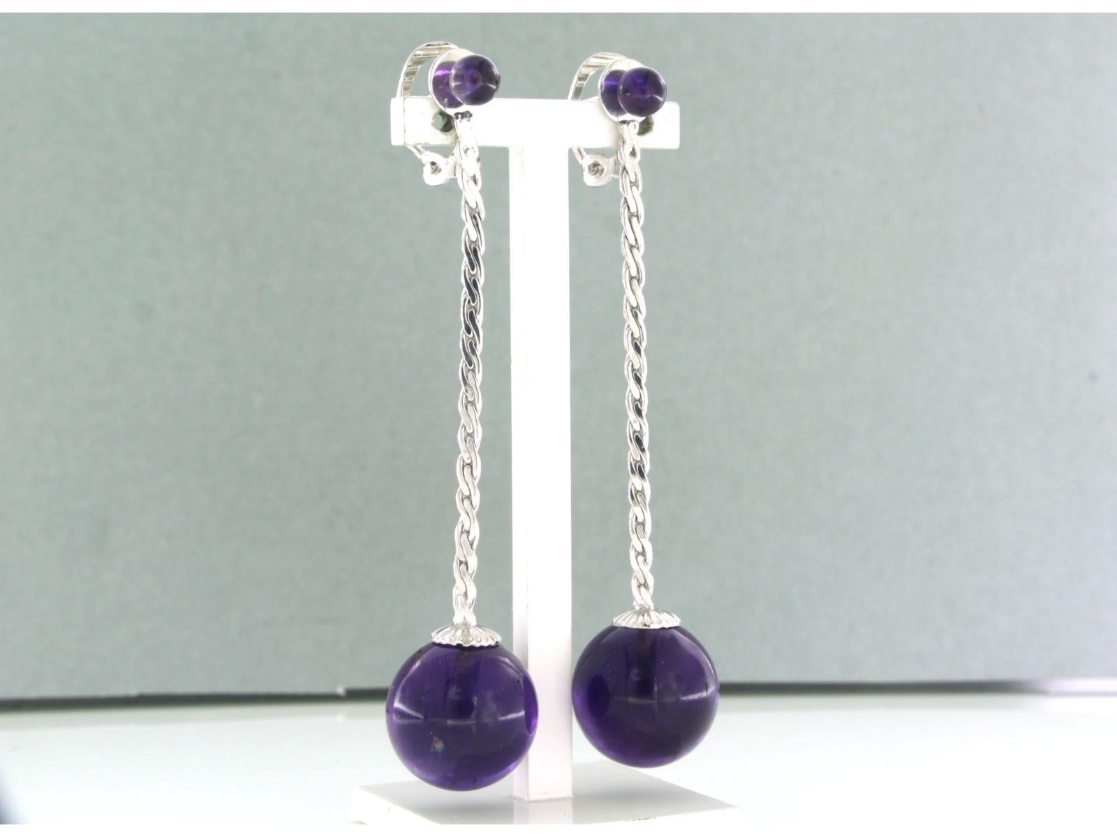 Round Cut Earrings set with amethyst 14k white gold For Sale