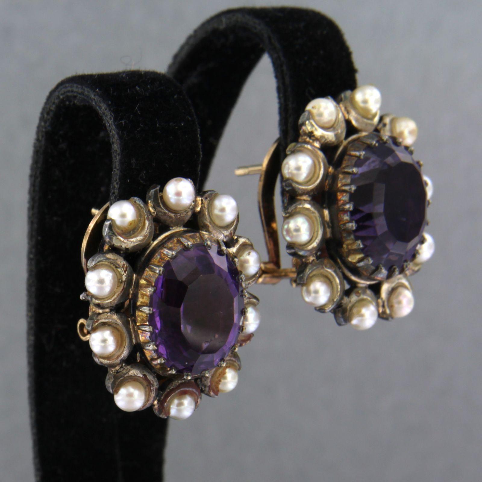 Early Victorian Earrings set with amethyst and pearls 18k yellow gold and silver For Sale
