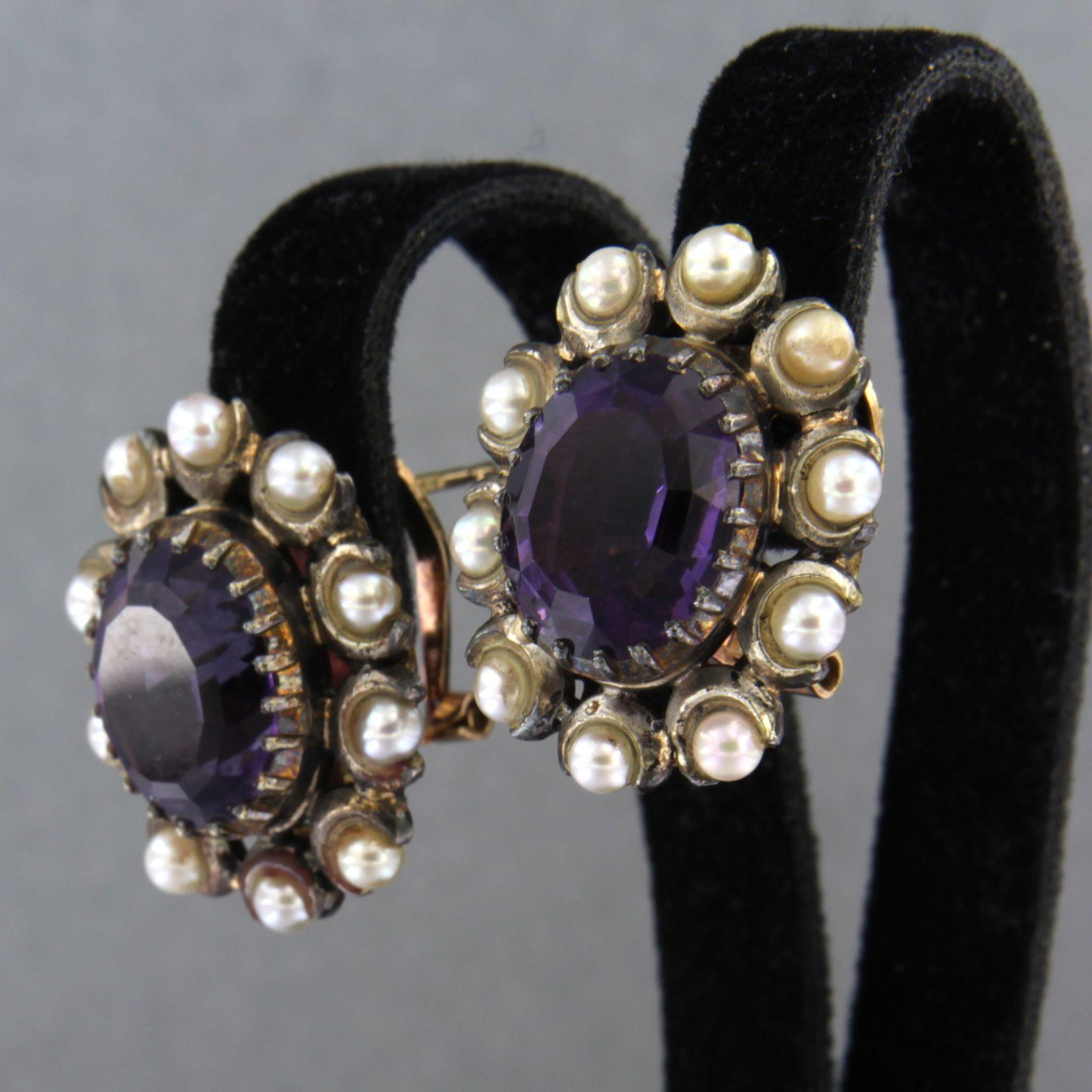 Oval Cut Earrings set with amethyst and pearls 18k yellow gold and silver For Sale