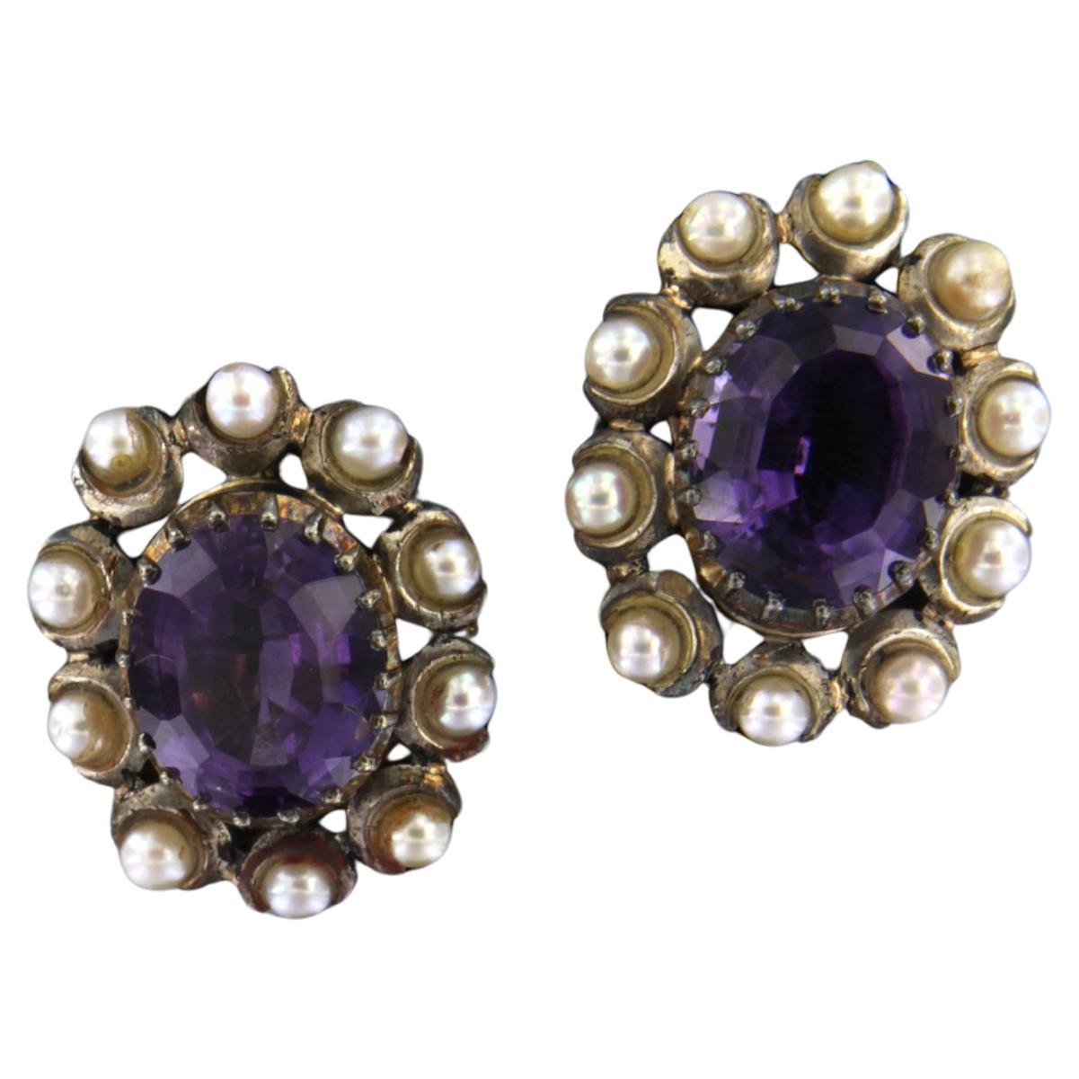 Earrings set with amethyst and pearls 18k yellow gold and silver For Sale
