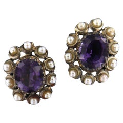 Antique Earrings set with amethyst and pearls 18k yellow gold and silver