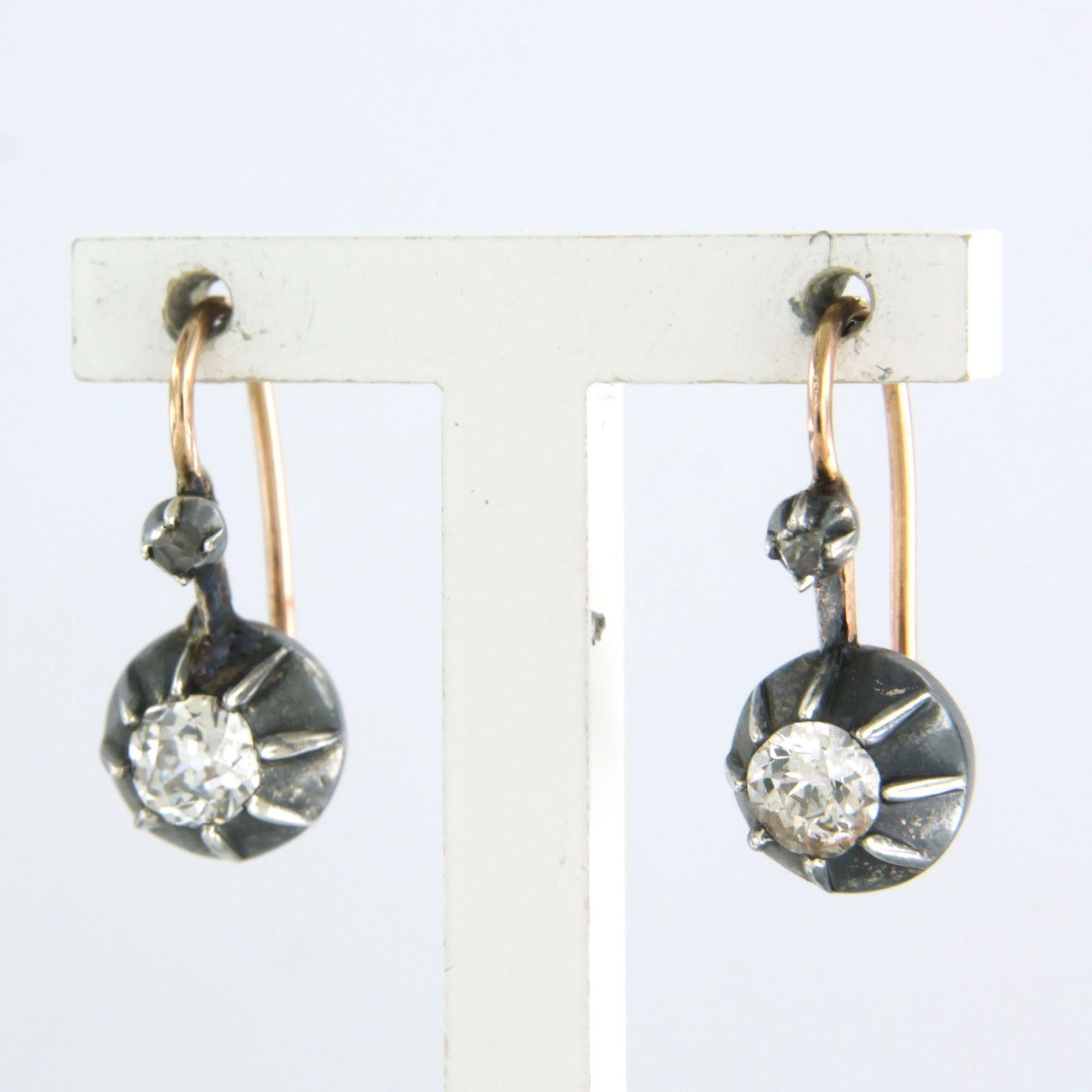 Old Mine Cut Earrings set with diamonds 14k pink gold and silver For Sale