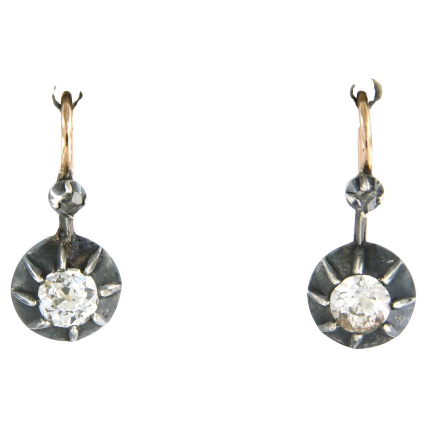 Earrings set with diamonds 14k pink gold and silver For Sale