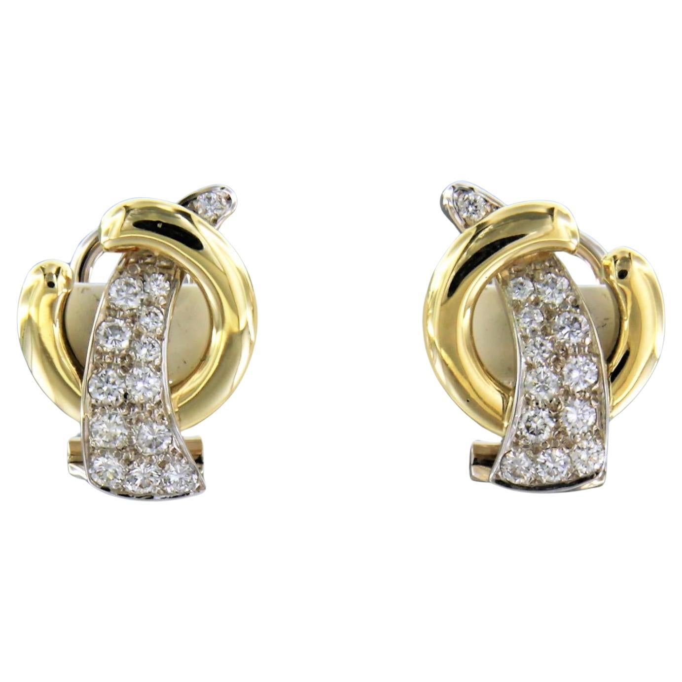 Earrings set with diamonds 14kt bicolour gold For Sale