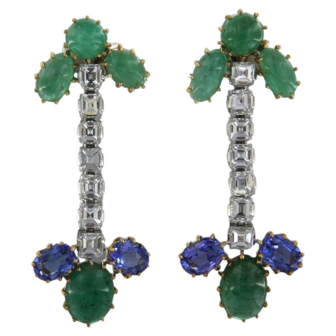 Earrings set with emerald, tanzanite and diamond, 18k gold For Sale