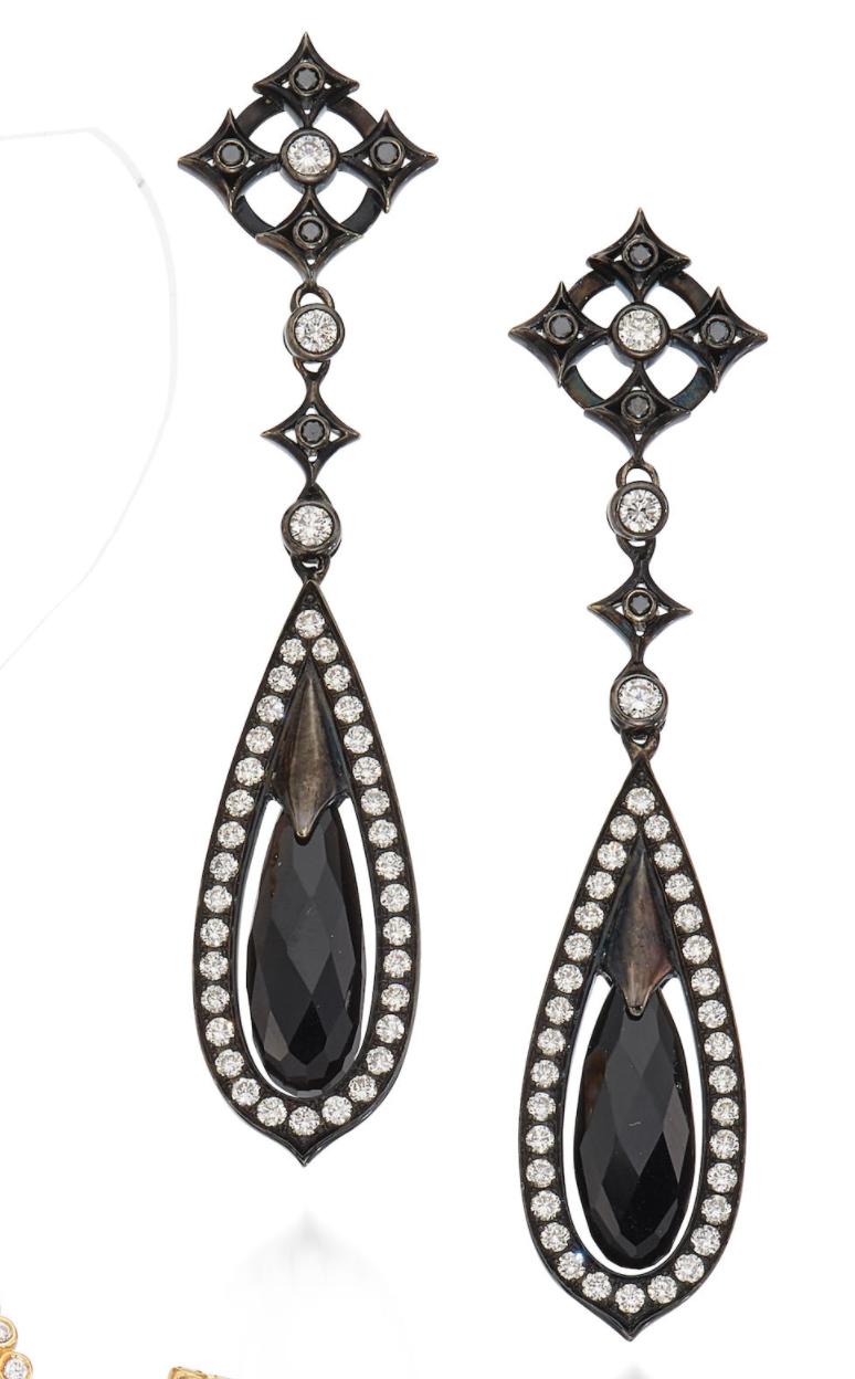 Brilliant Cut Earrings Set with Onyx and Black Diamonds For Sale