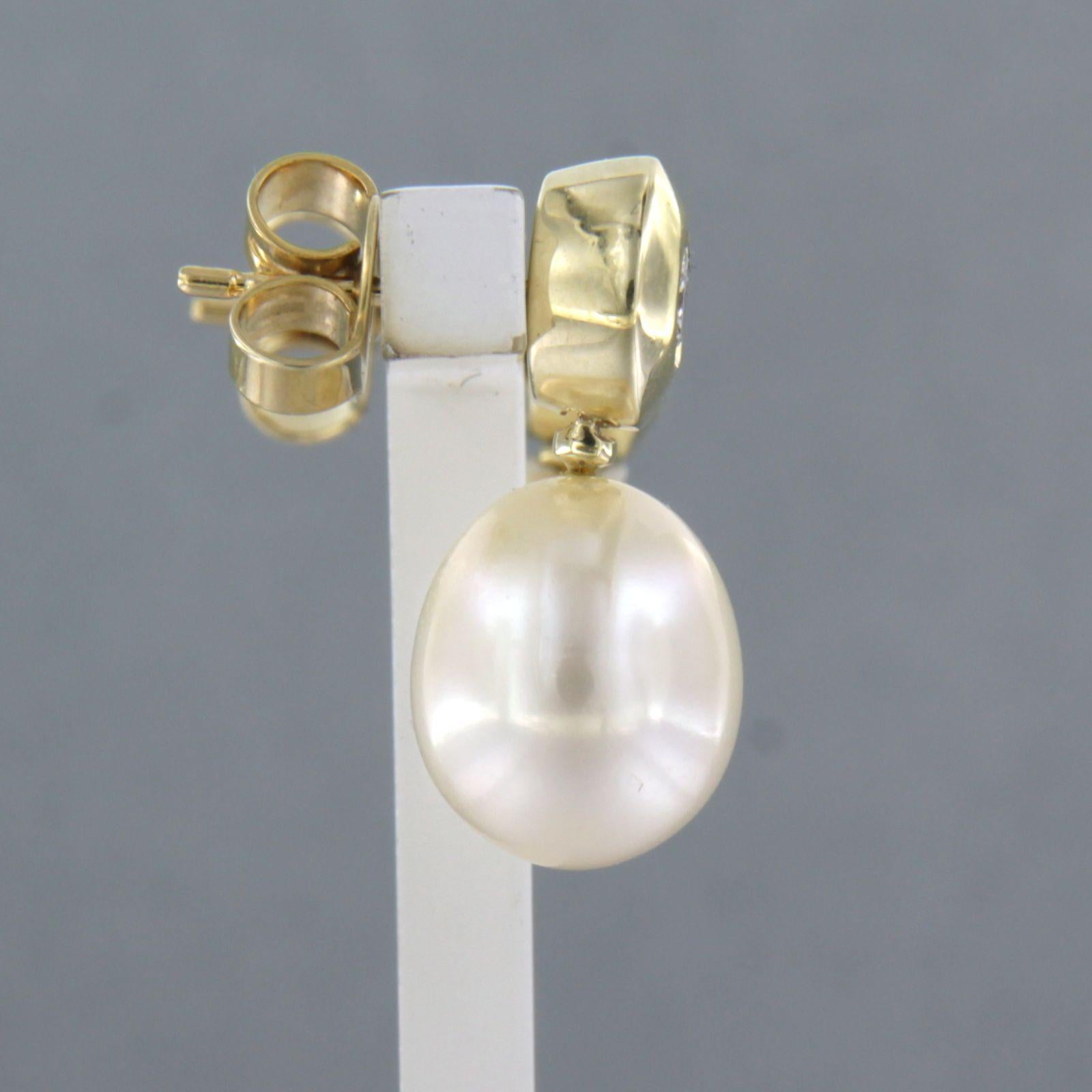 Women's Earrings set with pearl and brilliant cut diamond up to 0.30ct. 14k yellow gold For Sale
