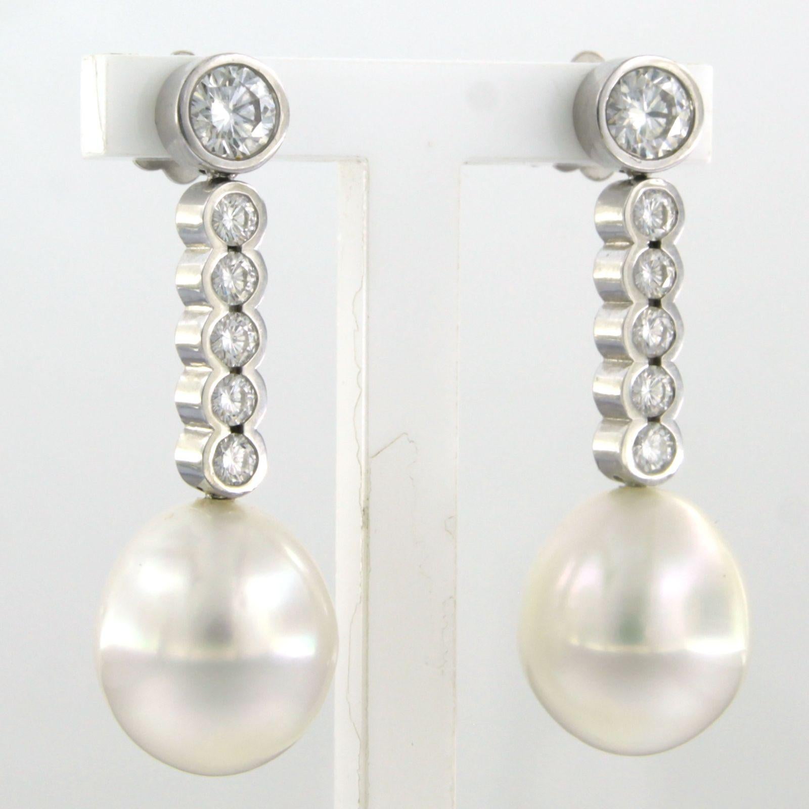 Modern Earrings set with pearl and brilliant cut diamonds up to 1.20ct 18k white gold For Sale