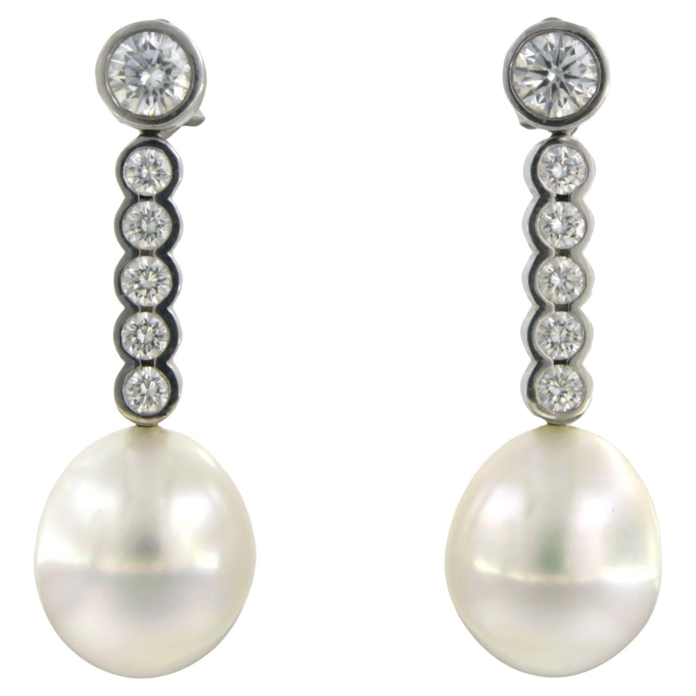 Earrings set with pearl and brilliant cut diamonds up to 1.20ct 18k white gold For Sale