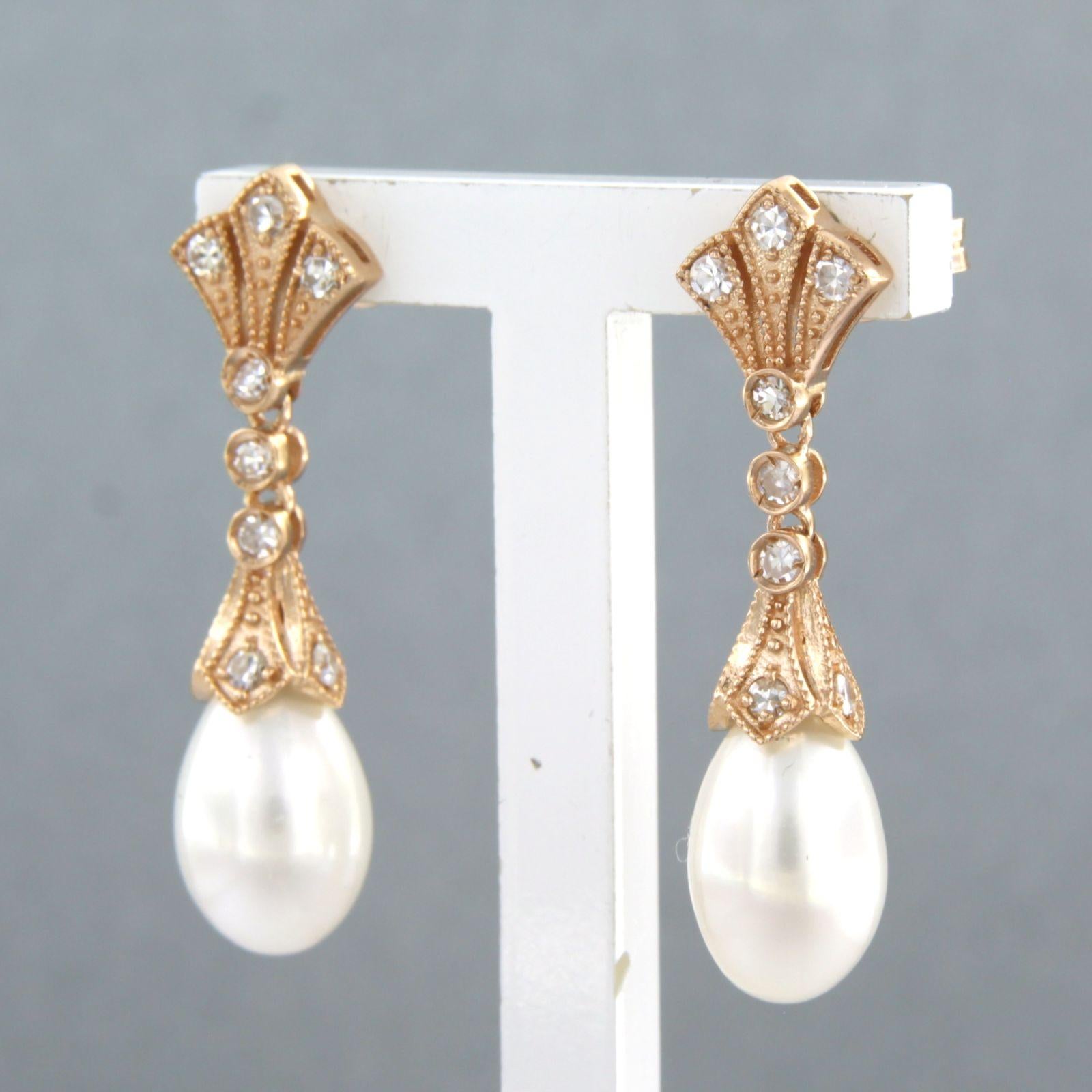 Single Cut Earrings set with Pearl and Diamonds 14k Pink gold For Sale