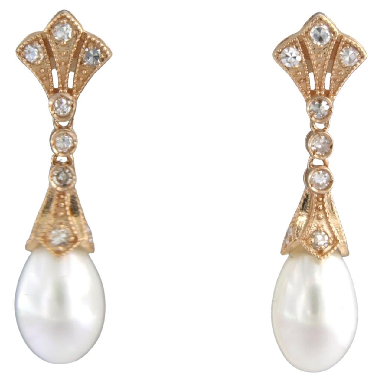 Earrings set with Pearl and Diamonds 14k Pink gold