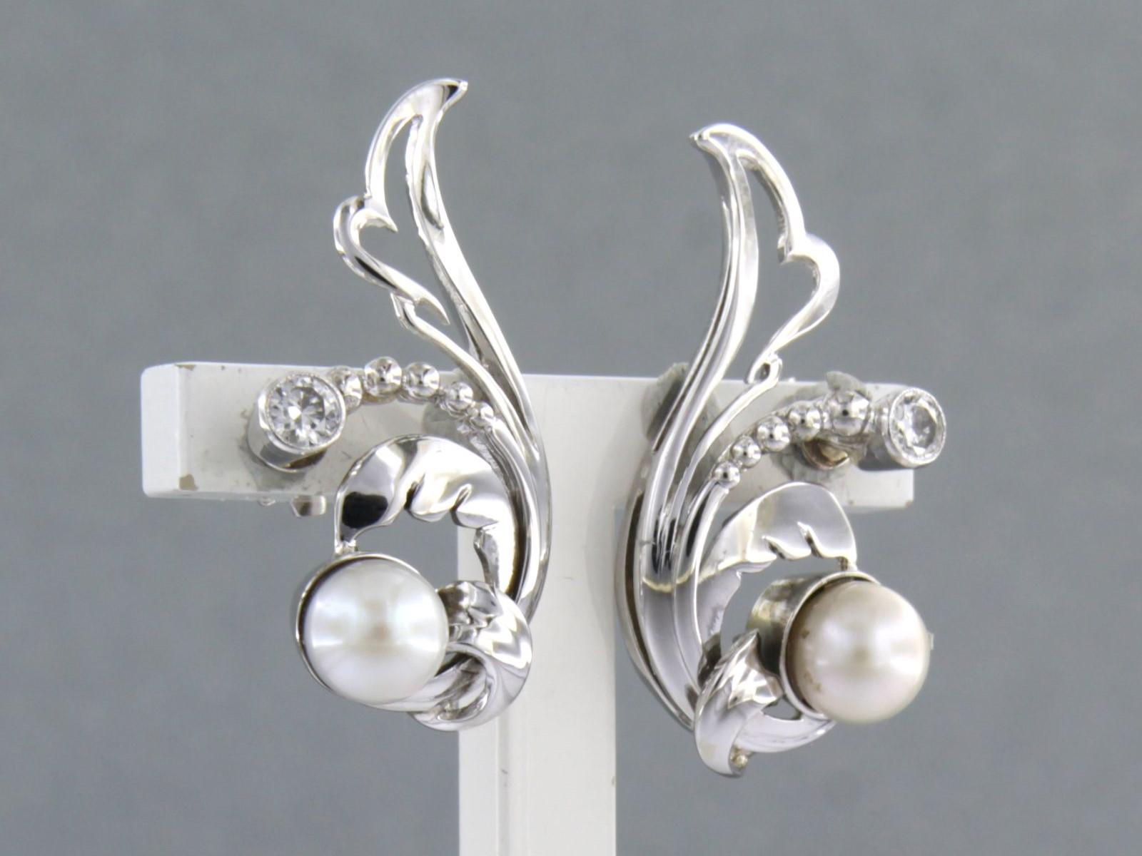 Old European Cut Earrings set with pearl and diamonds 14k white gold