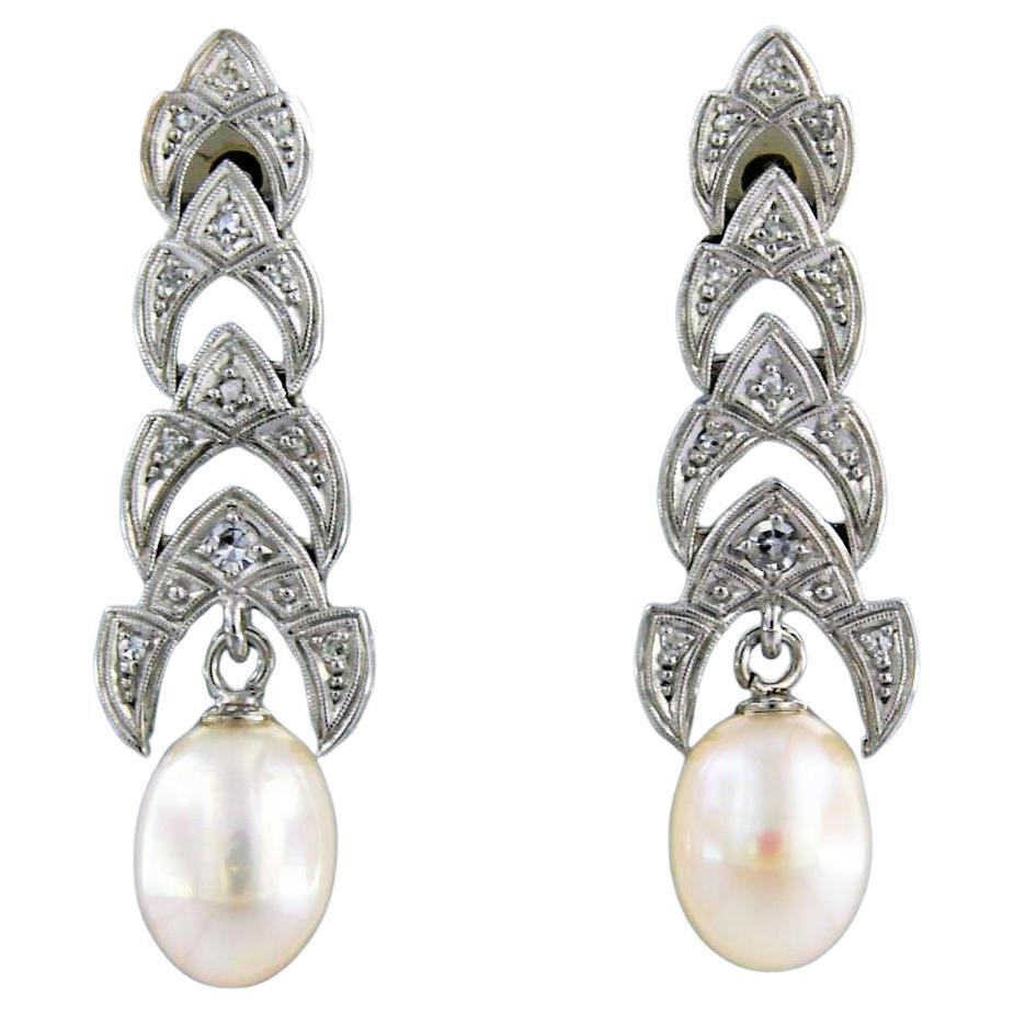 Pendientes engastados con perla y diamantes Oro blanco 18k y platino