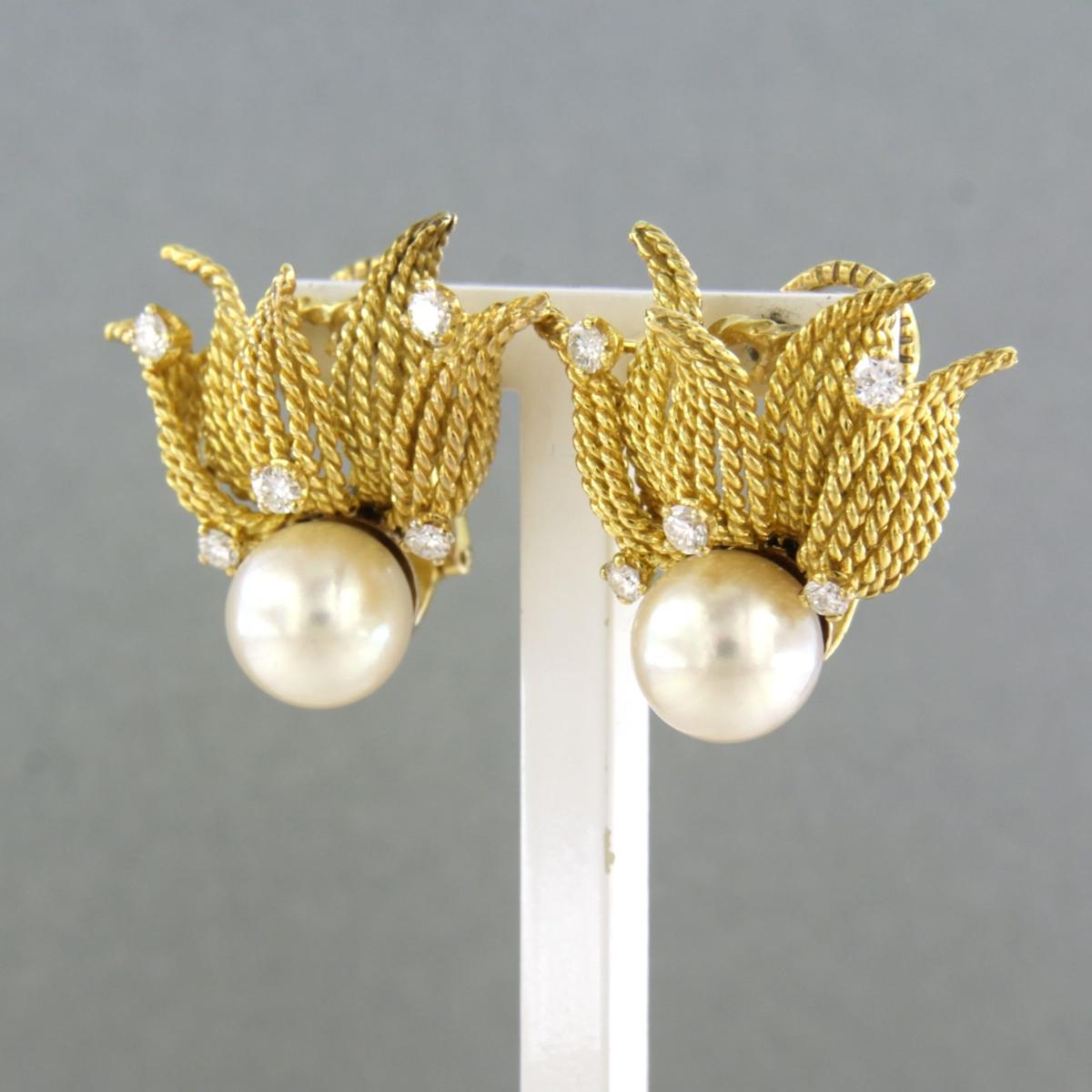 Modern Earrings set with pearl and diamonds 18k yellow gold