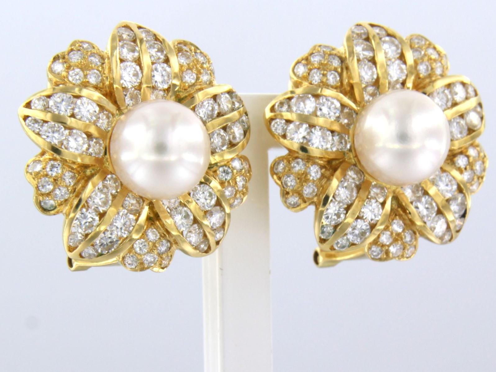 Brilliant Cut Earrings set with pearl and diamonds 18k yellow gold