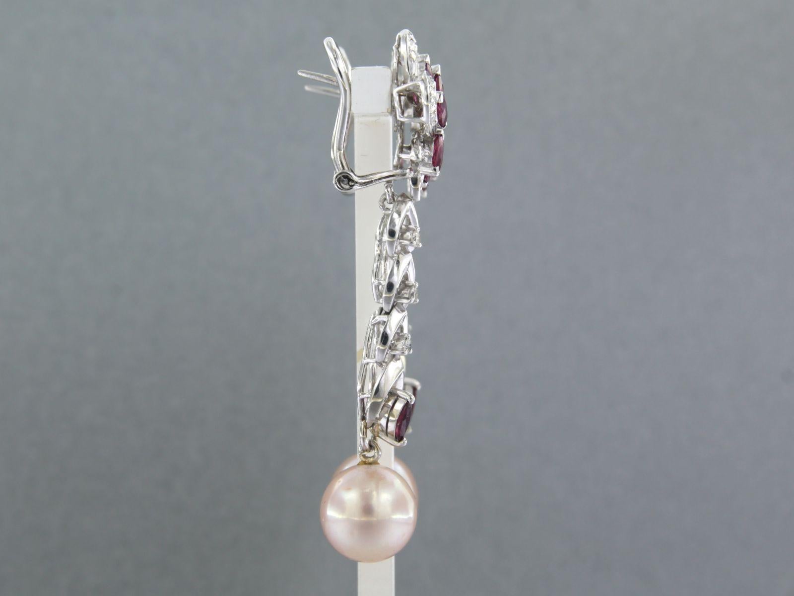 Modern Earrings set with Pearl, Ruby and diamonds 14k white gold For Sale