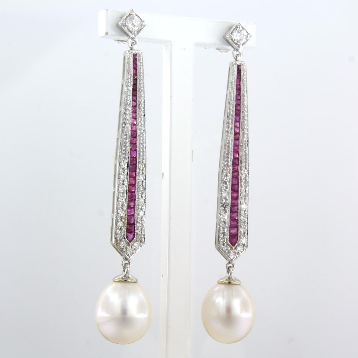 Modern Earrings set with pearl, ruby and diamonds 14k white gold For Sale