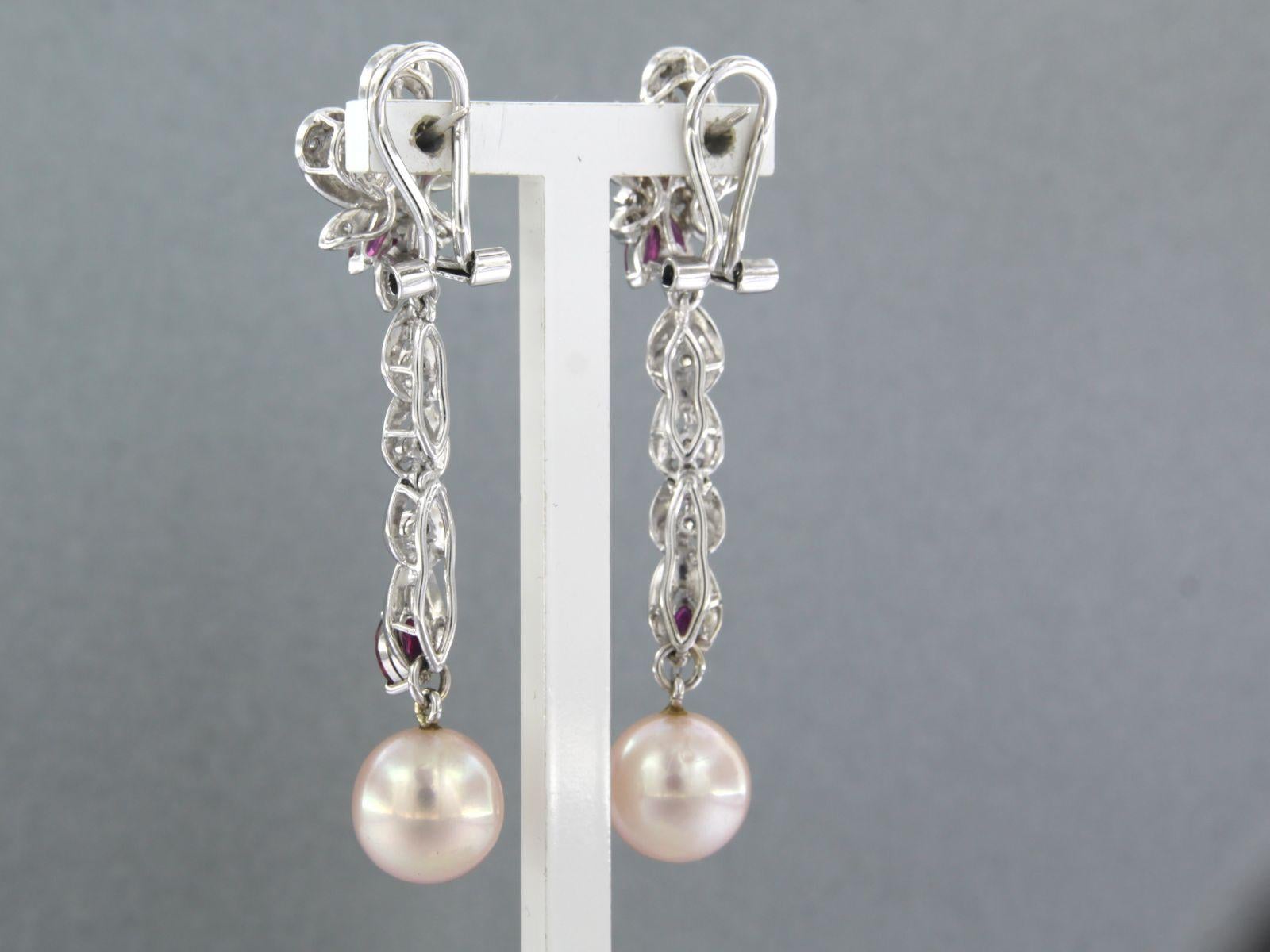 Brilliant Cut Earrings set with Pearl, Ruby and diamonds 14k white gold For Sale