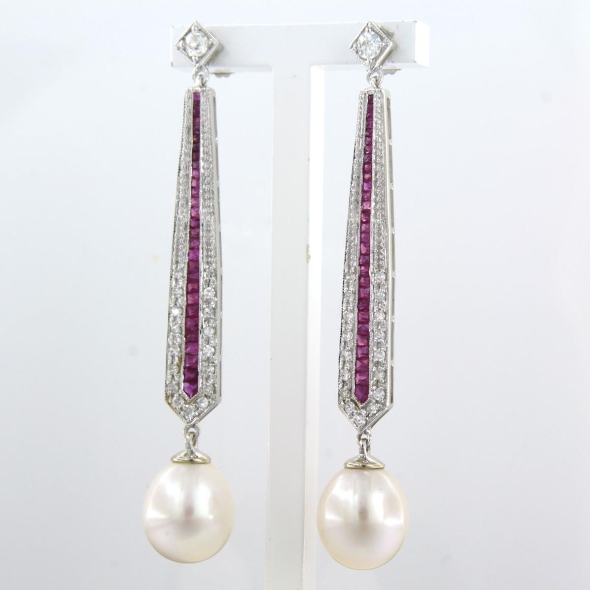 Old Mine Cut Earrings set with pearl, ruby and diamonds 14k white gold For Sale
