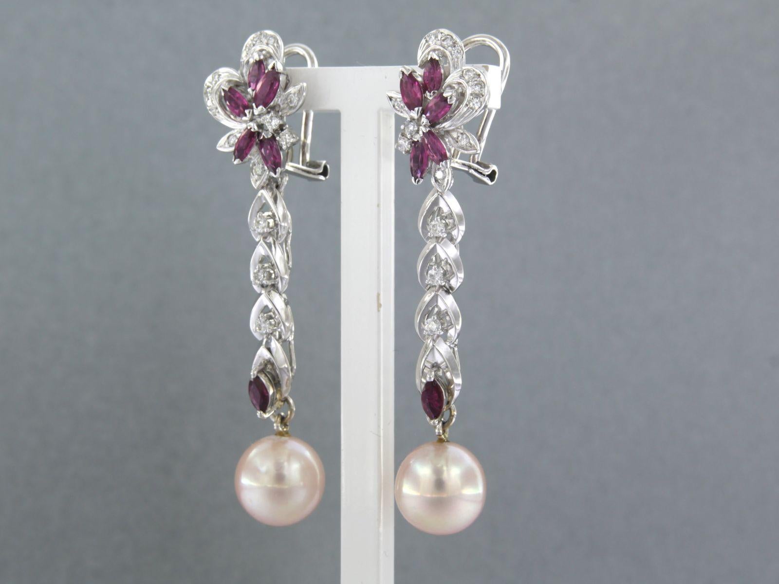 Women's or Men's Earrings set with Pearl, Ruby and diamonds 14k white gold For Sale