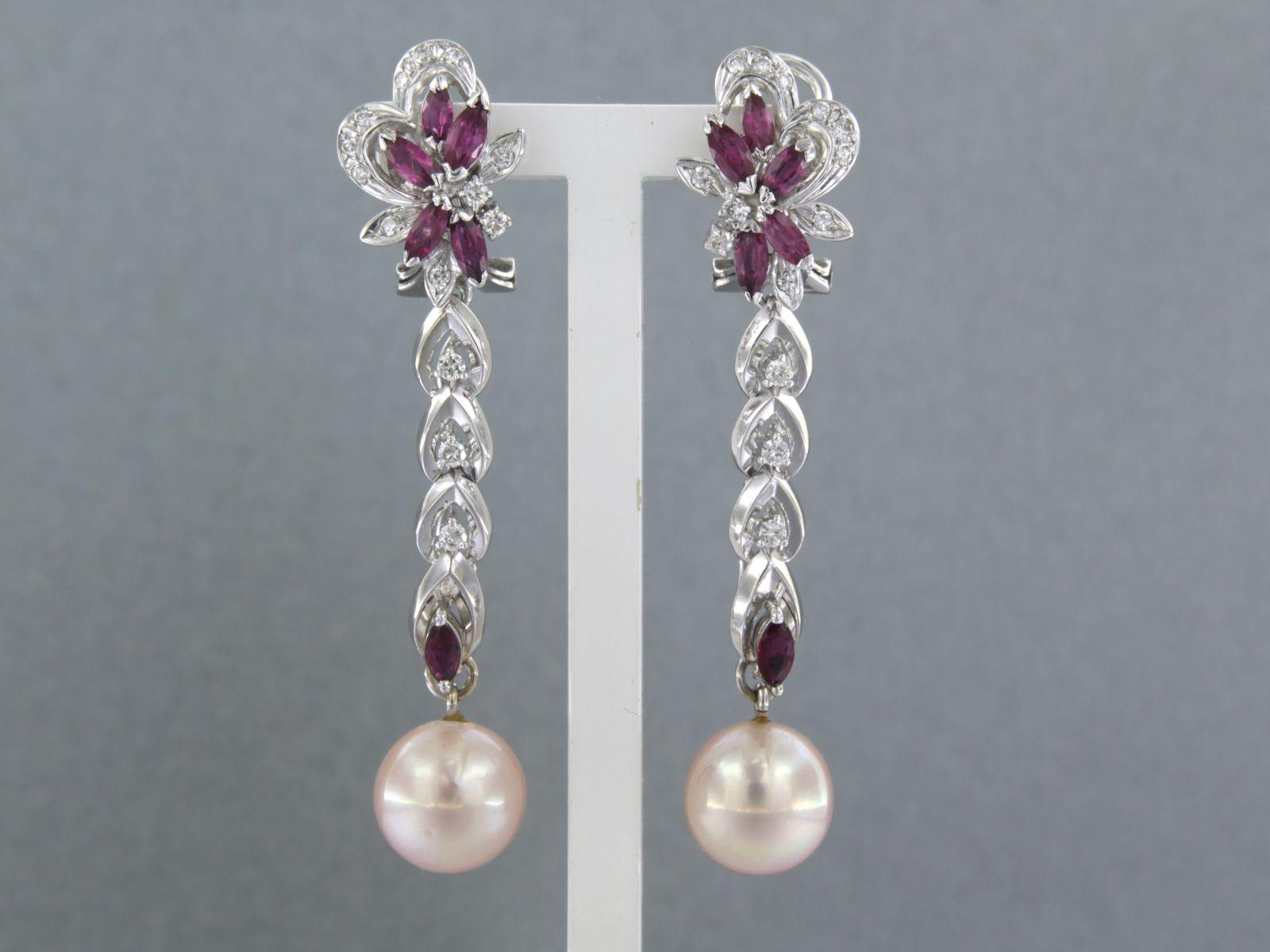 Earrings set with Pearl, Ruby and diamonds 14k white gold For Sale 2