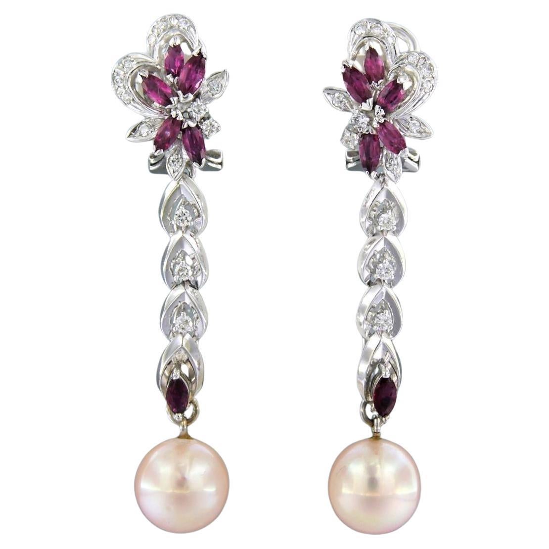 Earrings set with Pearl, Ruby and diamonds 14k white gold For Sale
