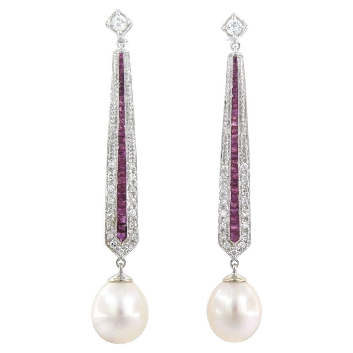 Earrings set with pearl, ruby and diamonds 14k white gold For Sale