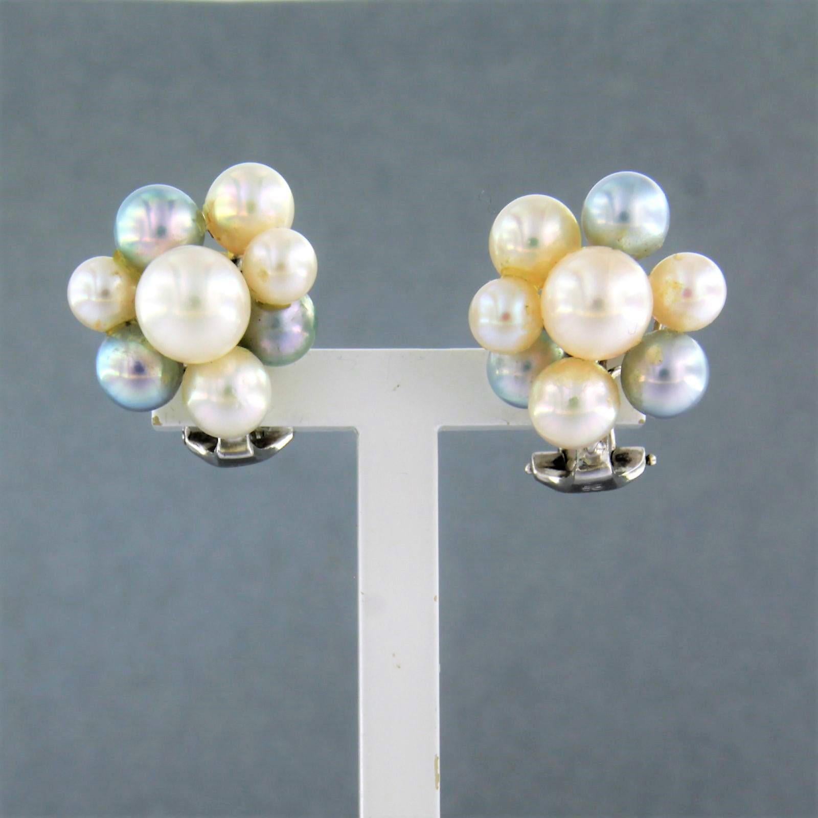 18k white gold ear clips set with pearl

detailed description:

Dimensions of the ear clips are 1.6 cm high and 1.5 cm wide

weight: 7.4 grams

occupied with

- 6 x 5.0 mm - 5.5 mm gray blue freshwater cultured pearls

- 10 x 4.5 mm - 6.5 mm white