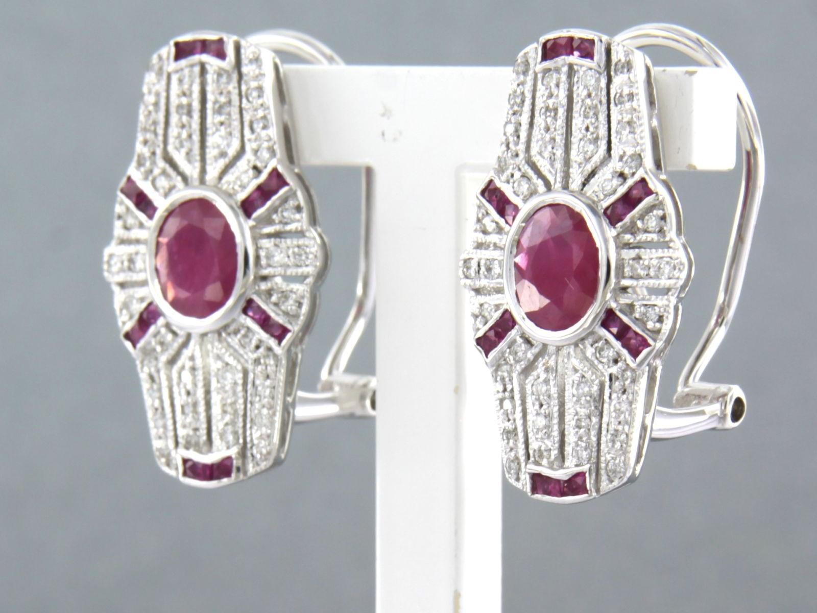 Modern Earrings set with ruby and diamonds 14k white gold For Sale
