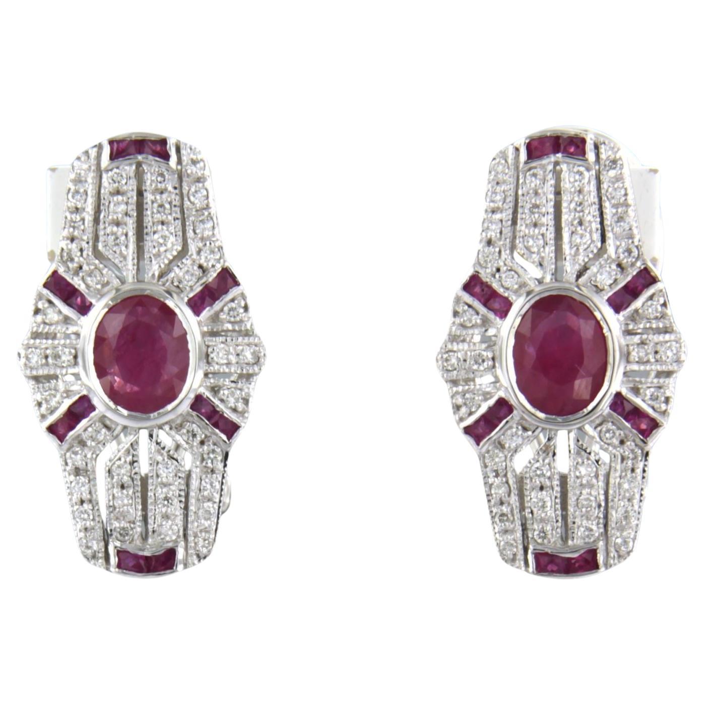 Earrings set with ruby and diamonds 14k white gold For Sale