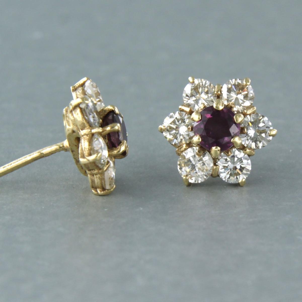 Modern Earrings set with ruby and diamonds up to 1.60ct 14k yellow gold For Sale