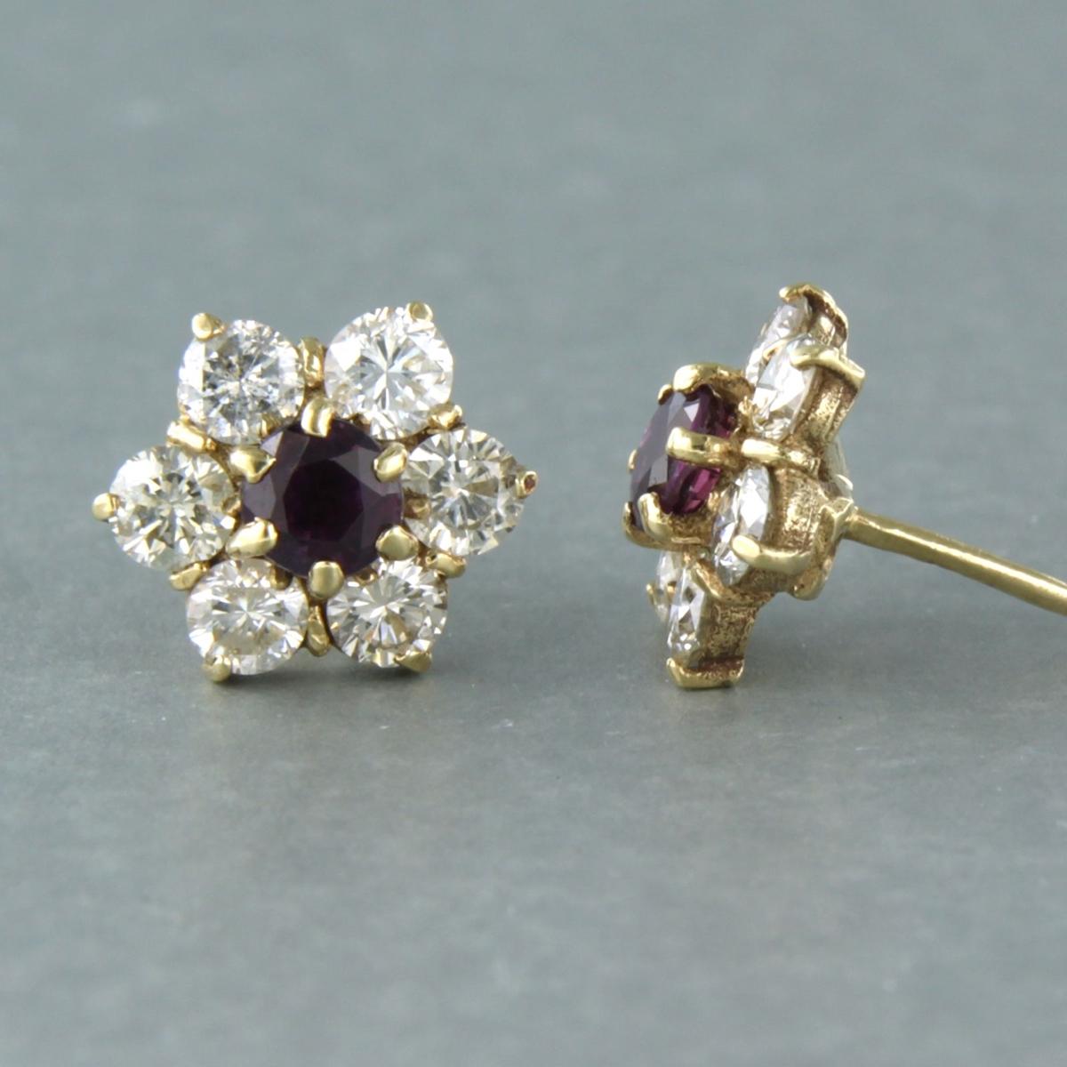 Brilliant Cut Earrings set with ruby and diamonds up to 1.60ct 14k yellow gold For Sale