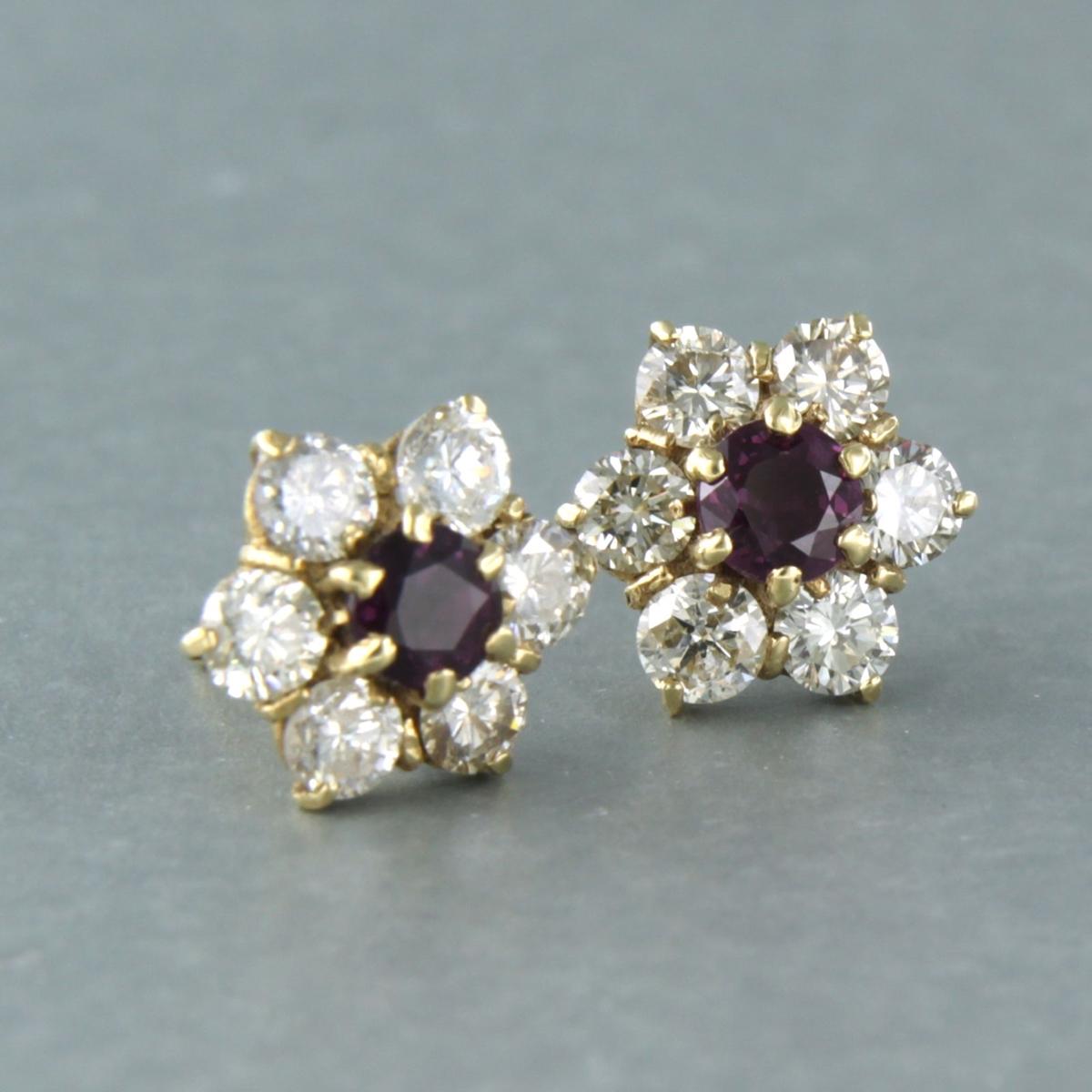 Earrings set with ruby and diamonds up to 1.60ct 14k yellow gold In Good Condition For Sale In The Hague, ZH
