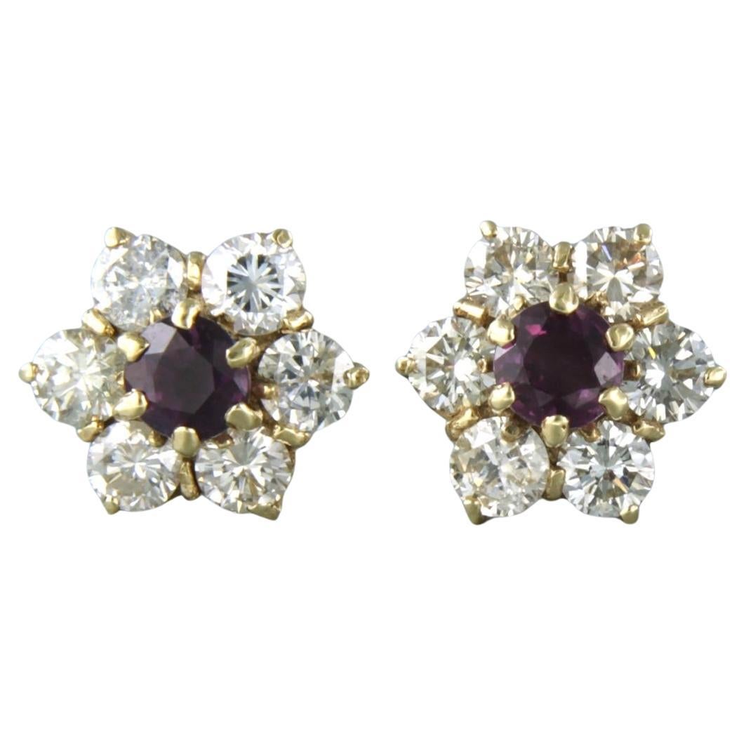 Earrings set with ruby and diamonds up to 1.60ct 14k yellow gold For Sale
