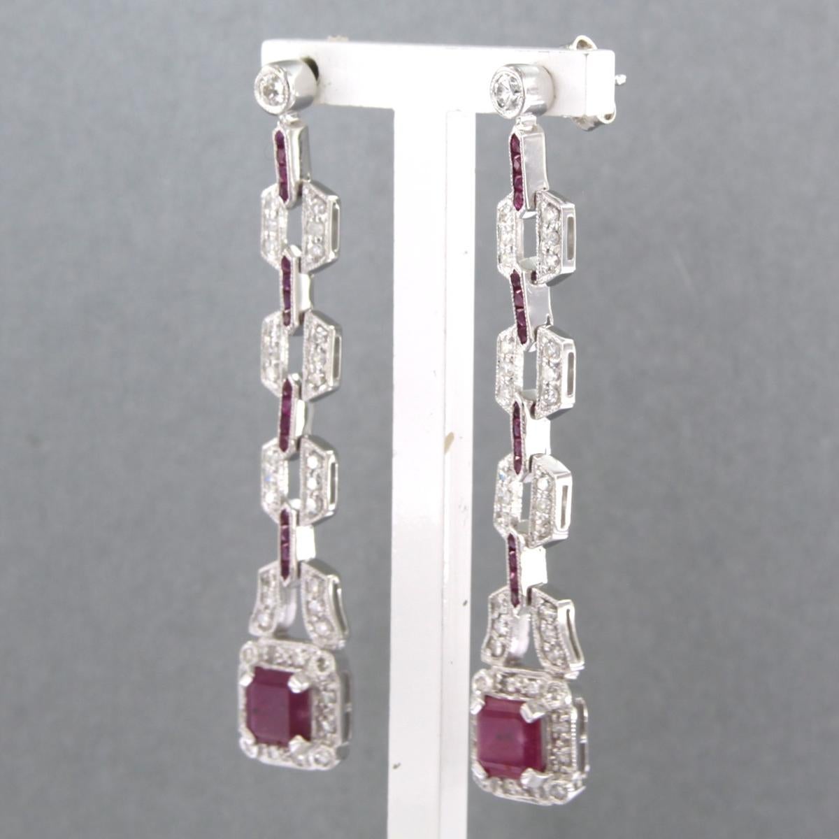 Old Mine Cut Earrings set with ruby up to 3.50ct and diamonds up to 1.04ct 14k white gold For Sale