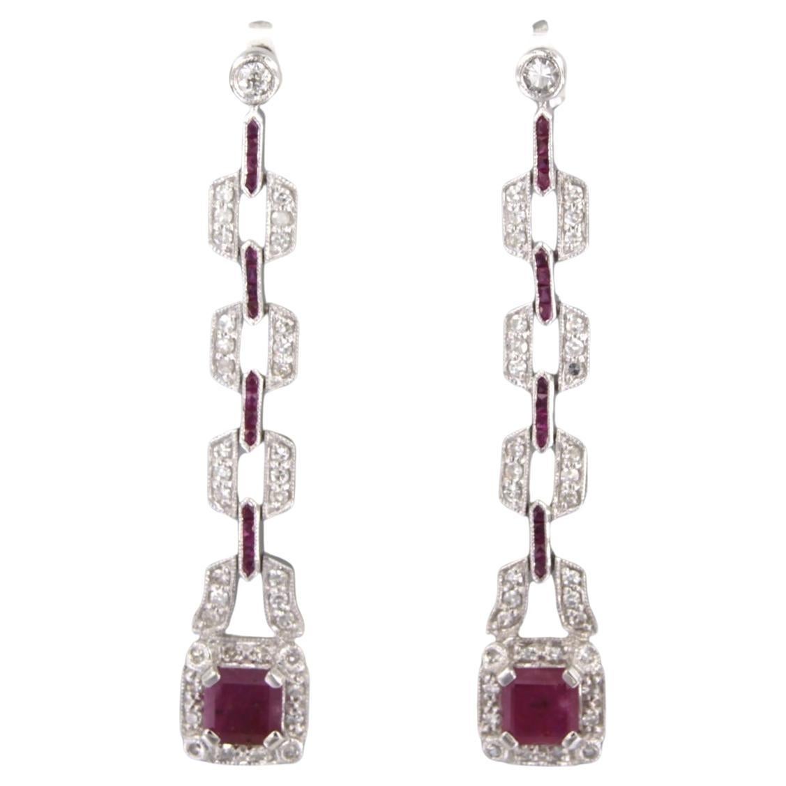 Earrings set with ruby up to 3.50ct and diamonds up to 1.04ct 14k white gold For Sale
