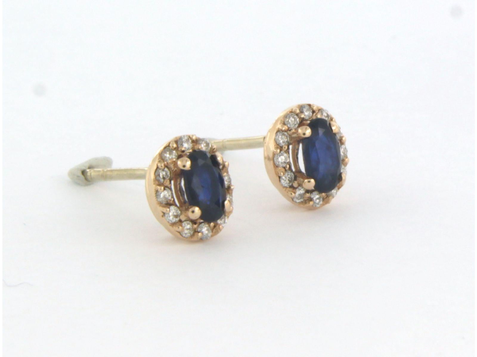 Brilliant Cut Earrings set with Sapphire and diamonds 14k pink gold
