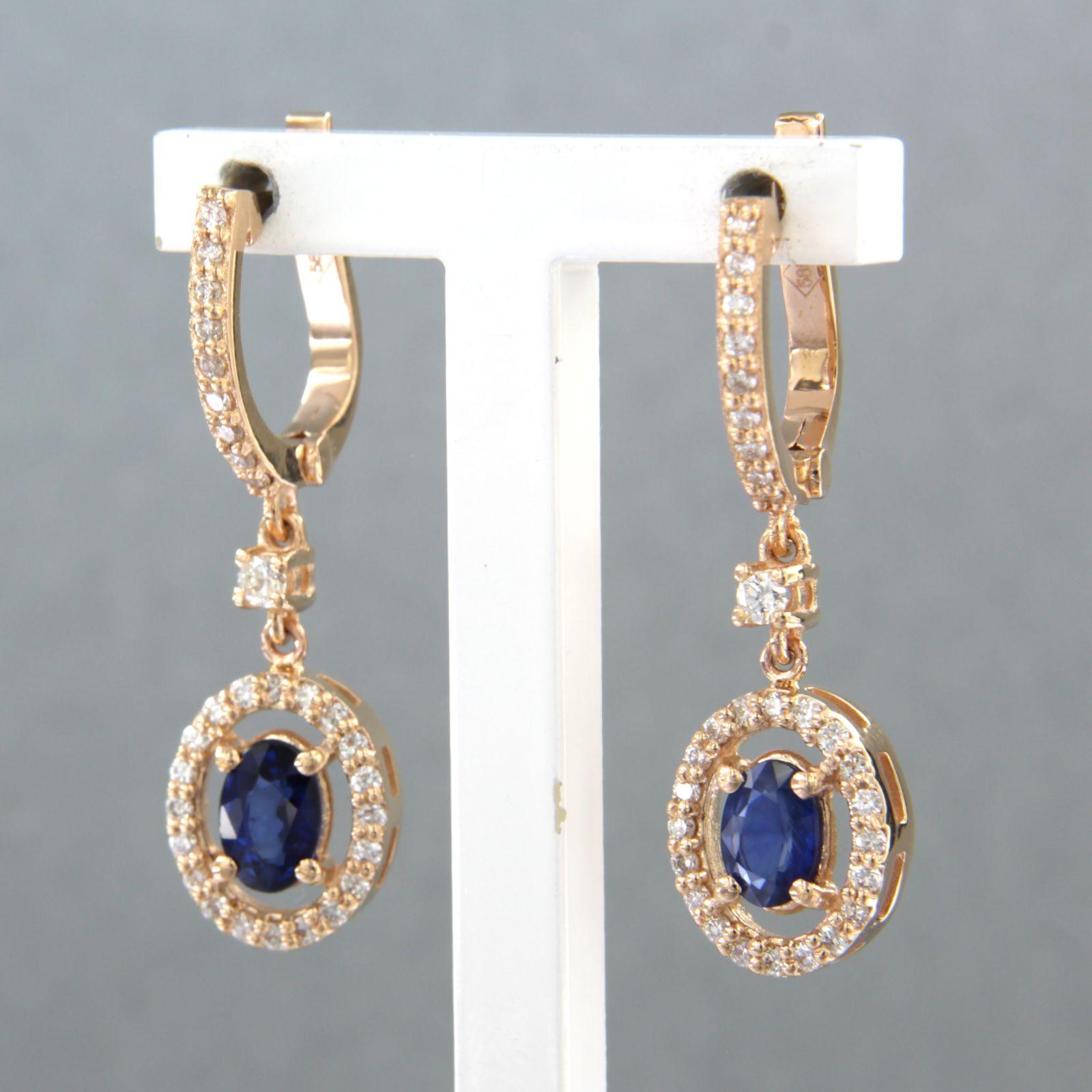 Brilliant Cut Earrings set with sapphire and diamonds 14k pink gold For Sale