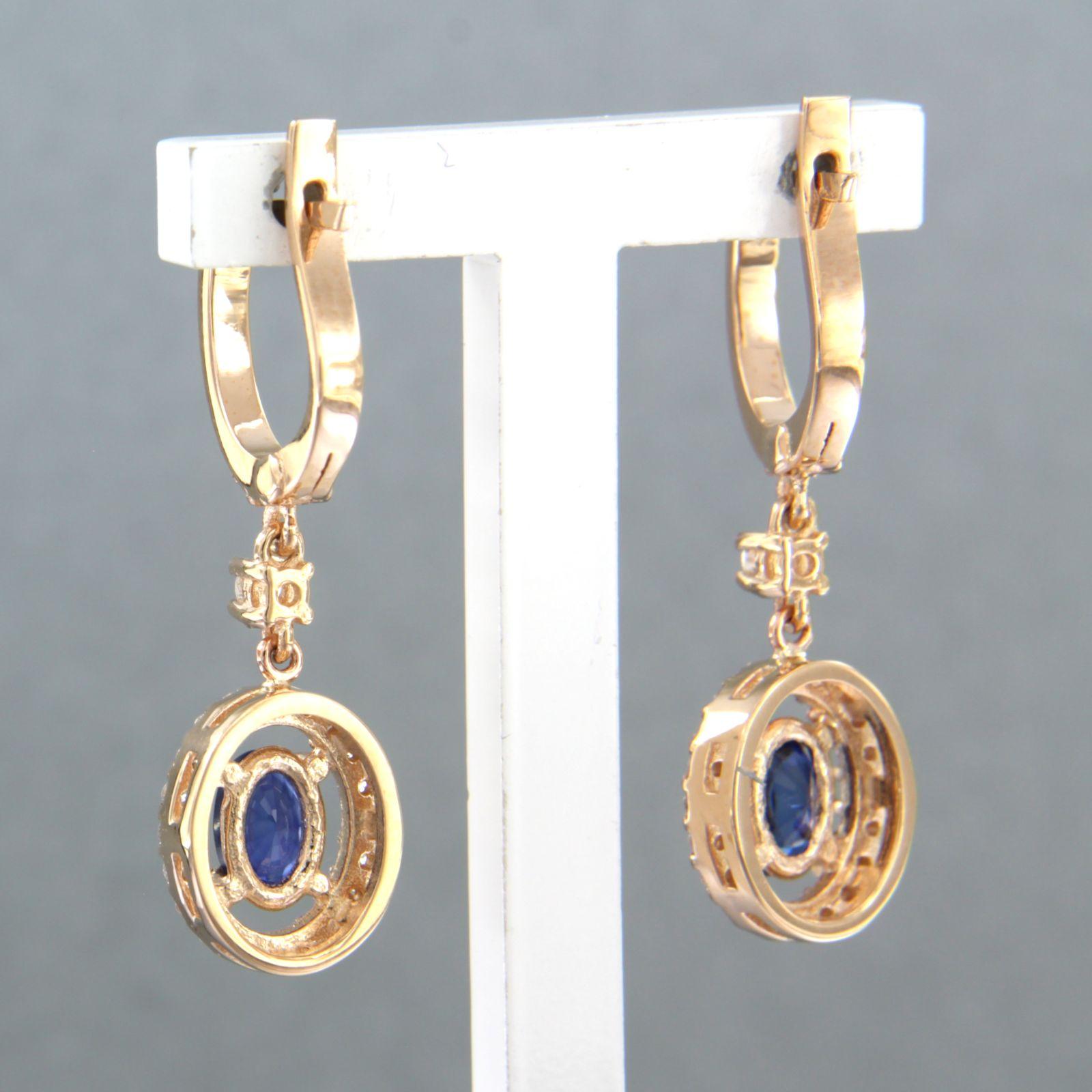 Women's Earrings set with sapphire and diamonds 14k pink gold For Sale