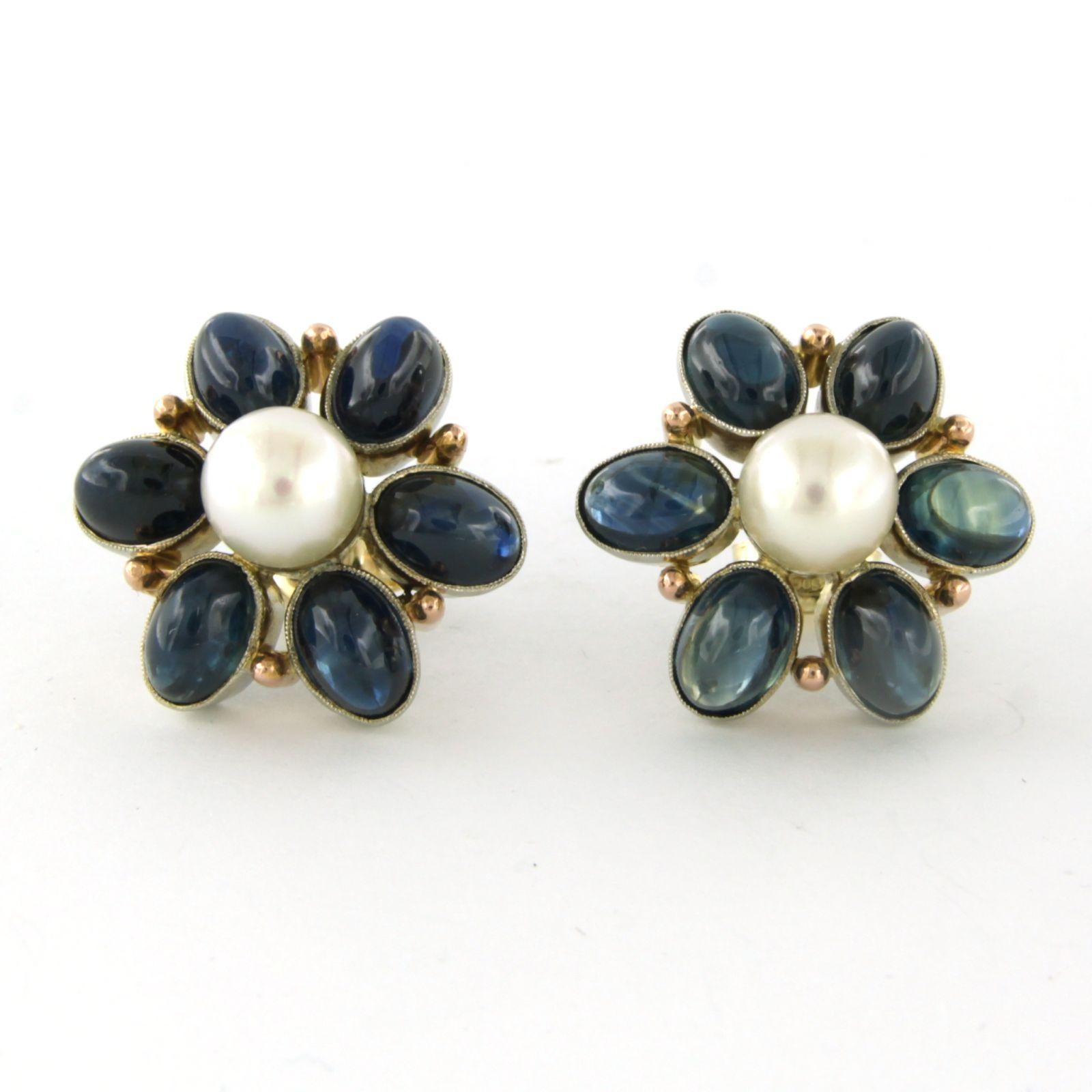 14k bicolour gold earrings set with pearl and sapphire

Detailed description:

The earrings have a diameter of 2.1 cm

Total weight 10.8 grams

set with

- 2 x 8.0 mm freshwater cultured pearls

colour White
purity: n/a

- 12 x 7 mm x 5 mm oval